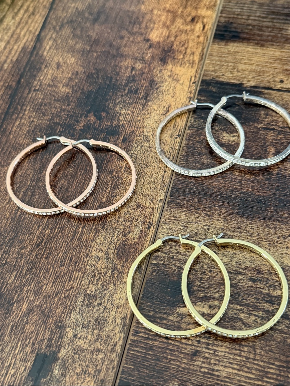 Origami Owl Trio of Pavé Hoop Earrings in Gold, Rose Gold, and Silver
